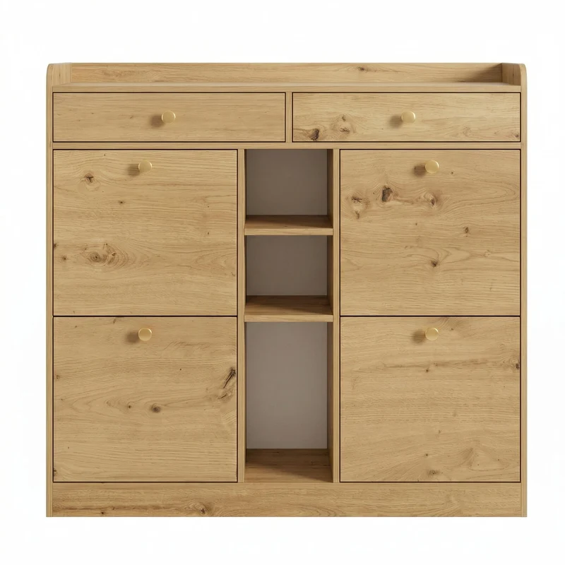 Meuble à chaussures effet bois 4 abattants, 2 tiroirs, 3 niches 110x26x100cm VERTEXMORKYNATHOR