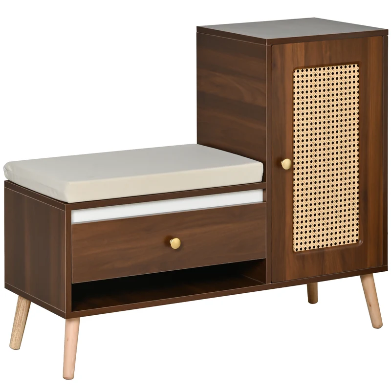 Banc à chaussures effet noyer en rotin avec coussin beige 95,5x35x80,5cm RIFTMORKYNATH