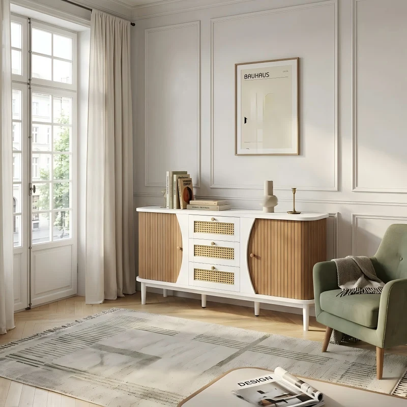 Buffet blanc 3 tiroirs rotin 2 portes coulissantes cannage naturel 140,5x40x76cm VERTEXVALTHYNATH