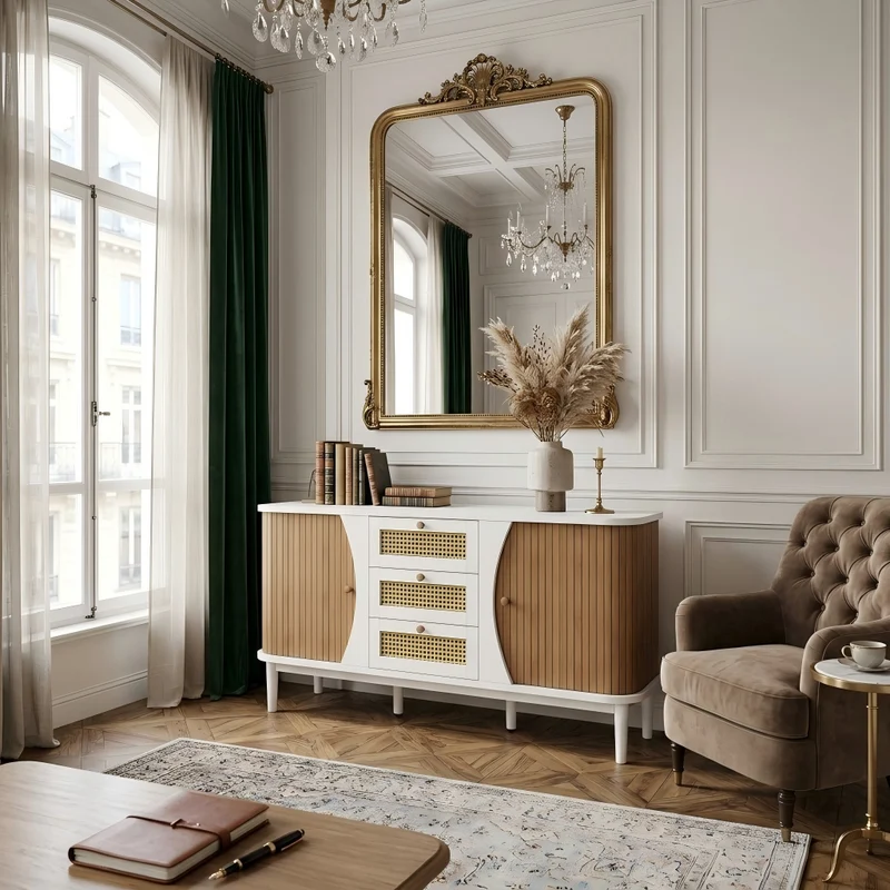Buffet blanc 3 tiroirs rotin 2 portes coulissantes cannage naturel 140,5x40x76cm VERTEXVALTHYNATH