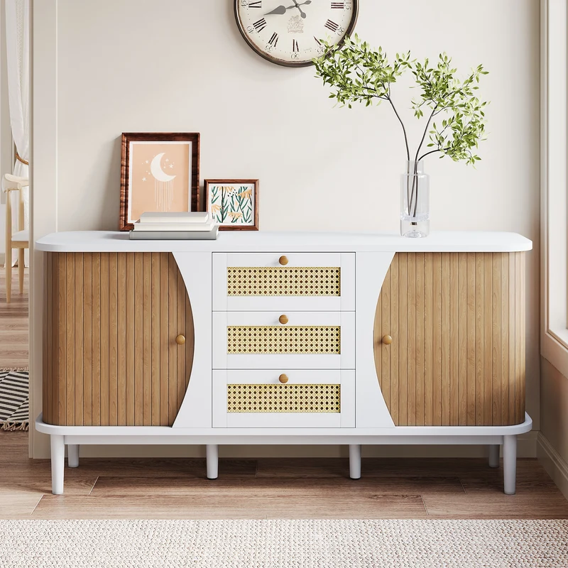 Buffet blanc 3 tiroirs rotin 2 portes coulissantes cannage naturel 140,5x40x76cm VERTEXVALTHYNATH