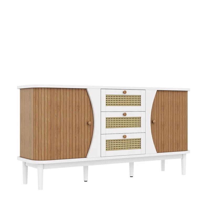 Buffet blanc 3 tiroirs rotin 2 portes coulissantes cannage naturel 140,5x40x76cm VERTEXVALTHYNATH