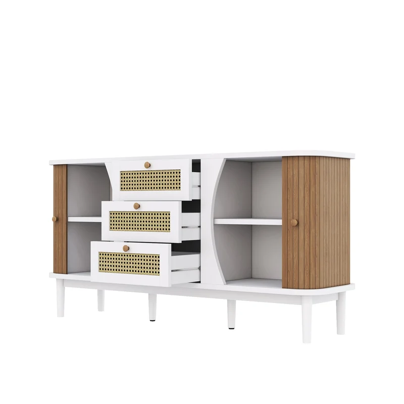Buffet blanc 3 tiroirs rotin 2 portes coulissantes cannage naturel 140,5x40x76cm VERTEXVALTHYNATH