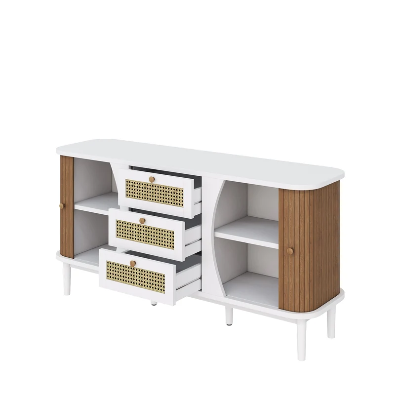 Buffet blanc 3 tiroirs rotin 2 portes coulissantes cannage naturel 140,5x40x76cm VERTEXVALTHYNATH