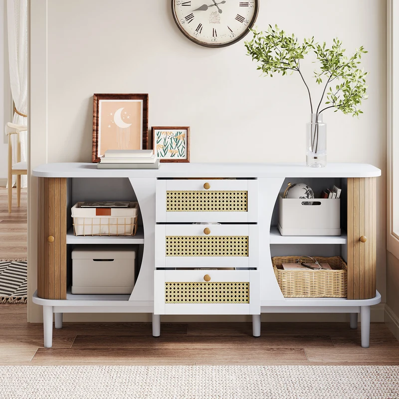 Buffet blanc 3 tiroirs rotin 2 portes coulissantes cannage naturel 140,5x40x76cm VERTEXVALTHYNATH