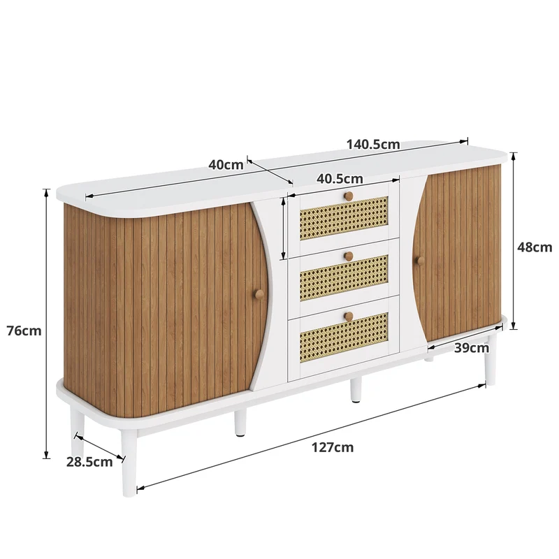 Buffet blanc 3 tiroirs rotin 2 portes coulissantes cannage naturel 140,5x40x76cm VERTEXVALTHYNATH
