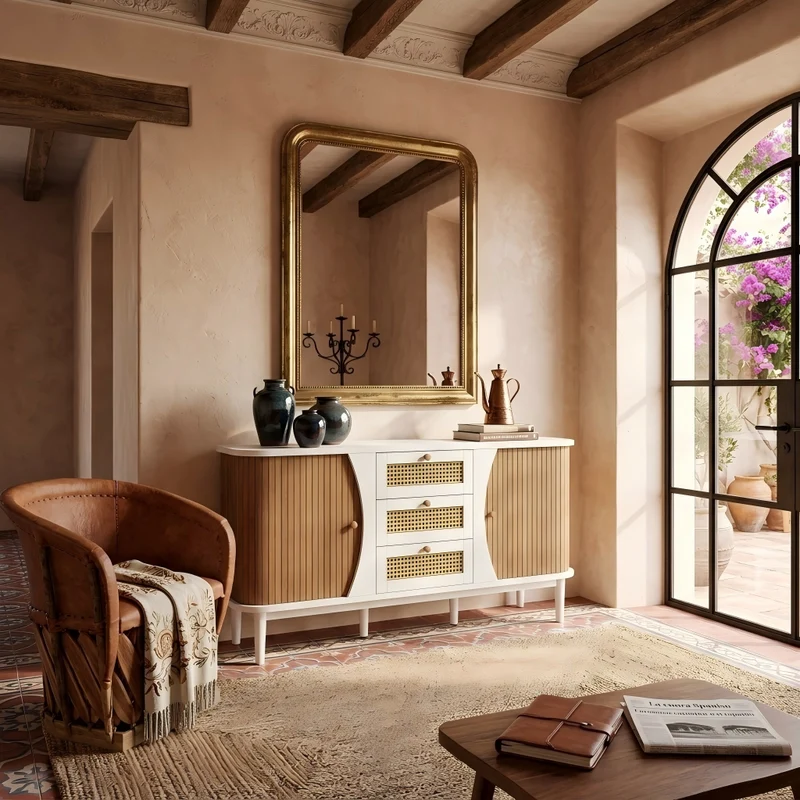 Buffet blanc 3 tiroirs rotin 2 portes coulissantes cannage naturel 140,5x40x76cm VERTEXVALTHYNATH