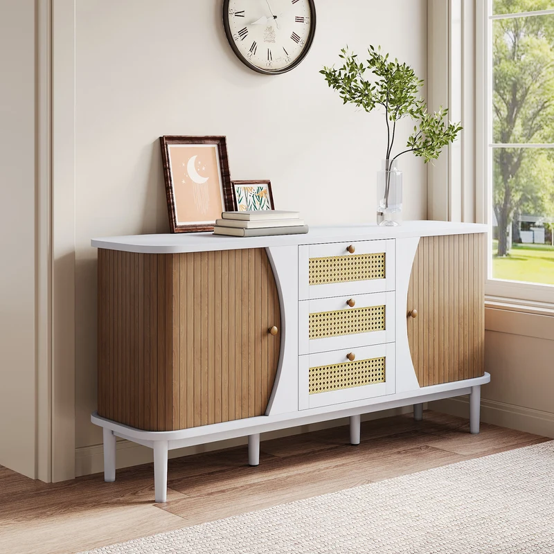 Buffet blanc 3 tiroirs rotin 2 portes coulissantes cannage naturel 140,5x40x76cm VERTEXVALTHYNATH