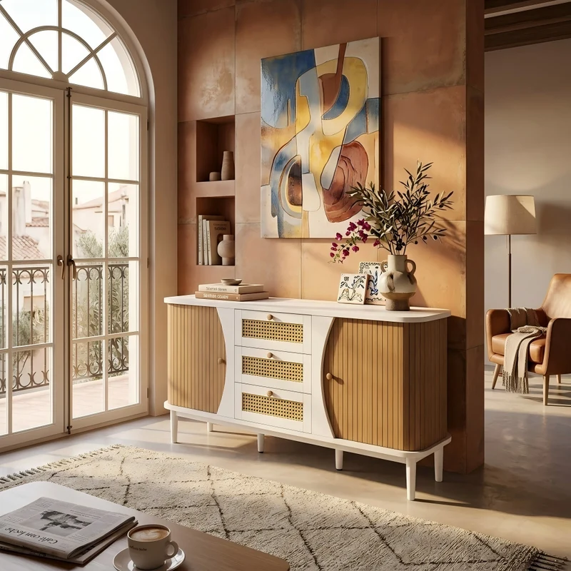 Buffet blanc 3 tiroirs rotin 2 portes coulissantes cannage naturel 140,5x40x76cm VERTEXVALTHYNATH