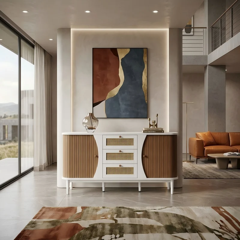 Buffet blanc 3 tiroirs rotin 2 portes coulissantes cannage naturel 140,5x40x76cm VERTEXVALTHYNATH