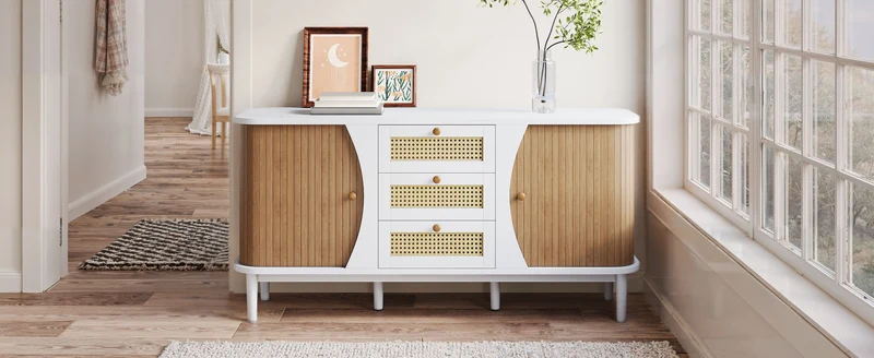 Buffet blanc 3 tiroirs rotin 2 portes coulissantes cannage naturel 140,5x40x76cm VERTEXVALTHYNATH