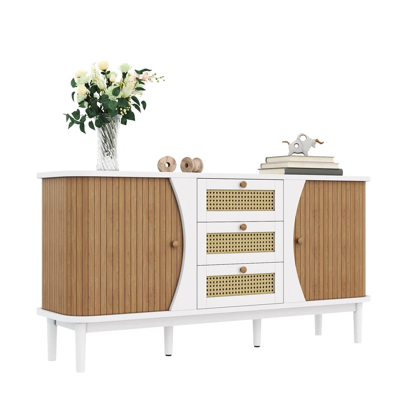 Buffet blanc 3 tiroirs rotin 2 portes coulissantes cannage naturel 140,5x40x76cm VERTEXVALTHYNATH