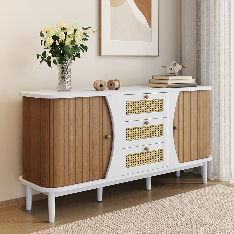 Buffet blanc 3 tiroirs rotin 2 portes coulissantes cannage naturel 140,5x40x76cm VERTEXVALTHYNATH