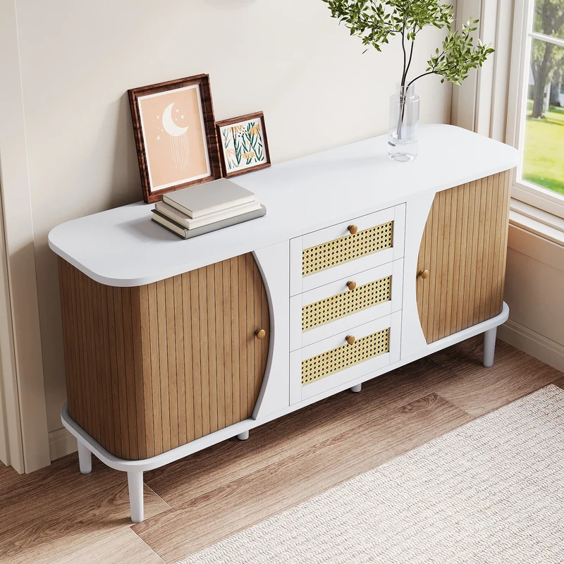 Buffet blanc 3 tiroirs rotin 2 portes coulissantes cannage naturel 140,5x40x76cm VERTEXVALTHYNATH