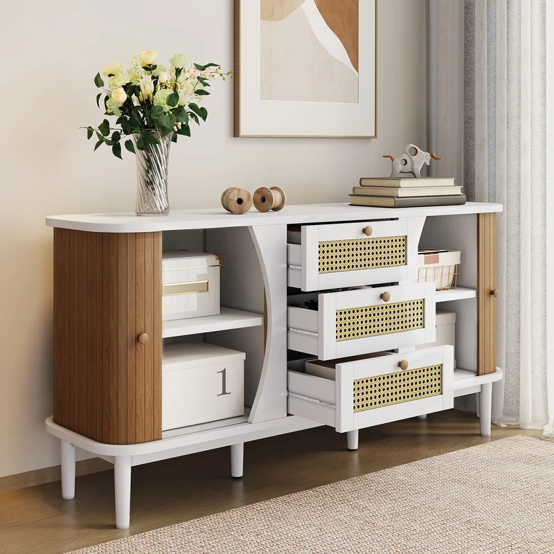 Buffet blanc 3 tiroirs rotin 2 portes coulissantes cannage naturel 140,5x40x76cm VERTEXVALTHYNATH