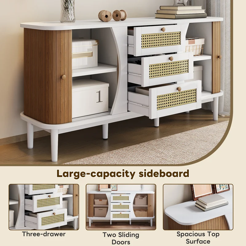 Buffet blanc 3 tiroirs rotin 2 portes coulissantes cannage naturel 140,5x40x76cm VERTEXVALTHYNATH