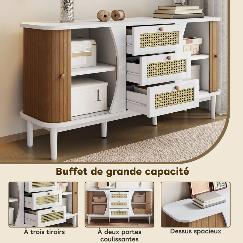 Buffet blanc 3 tiroirs rotin 2 portes coulissantes cannage naturel 140,5x40x76cm VERTEXVALTHYNATH