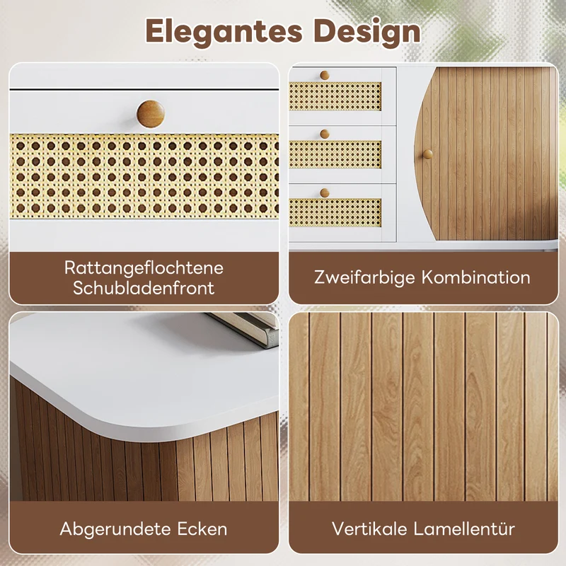Buffet blanc 3 tiroirs rotin 2 portes coulissantes cannage naturel 140,5x40x76cm VERTEXVALTHYNATH
