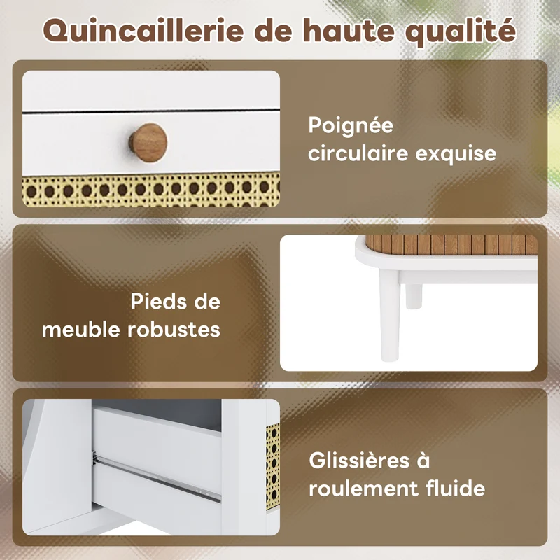 Buffet blanc 3 tiroirs rotin 2 portes coulissantes cannage naturel 140,5x40x76cm VERTEXVALTHYNATH