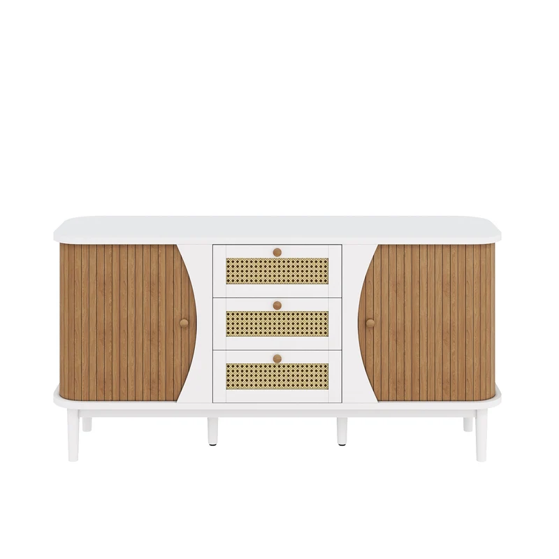 Buffet blanc 3 tiroirs rotin 2 portes coulissantes cannage naturel 140,5x40x76cm VERTEXVALTHYNATH