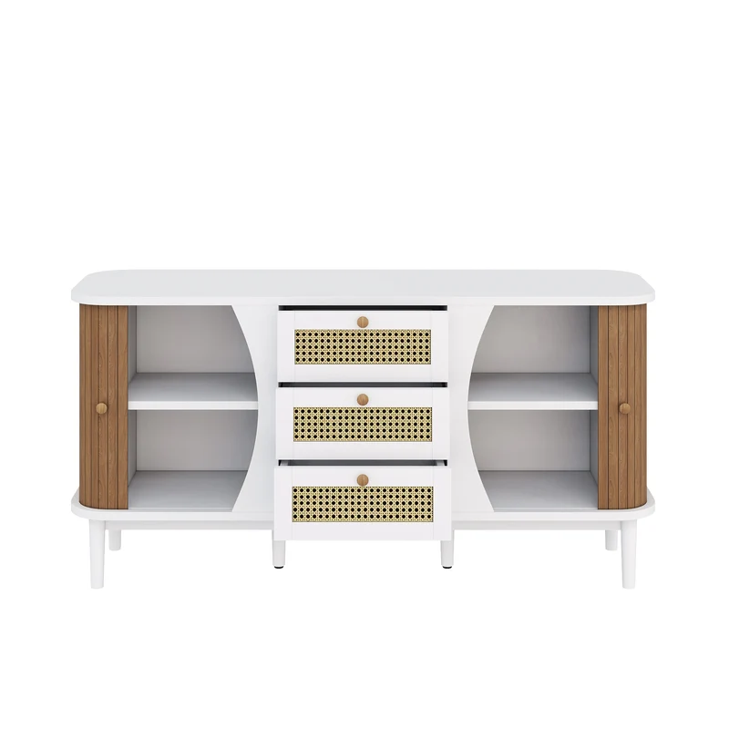 Buffet blanc 3 tiroirs rotin 2 portes coulissantes cannage naturel 140,5x40x76cm VERTEXVALTHYNATH