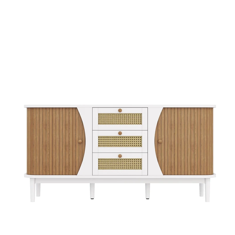Buffet blanc 3 tiroirs rotin 2 portes coulissantes cannage naturel 140,5x40x76cm VERTEXVALTHYNATH