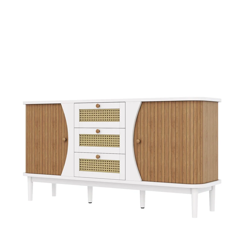 Buffet blanc 3 tiroirs rotin 2 portes coulissantes cannage naturel 140,5x40x76cm VERTEXVALTHYNATH