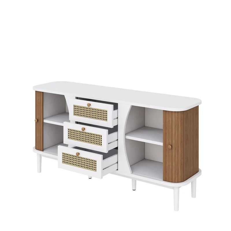 Buffet blanc 3 tiroirs rotin 2 portes coulissantes cannage naturel 140,5x40x76cm VERTEXVALTHYNATH