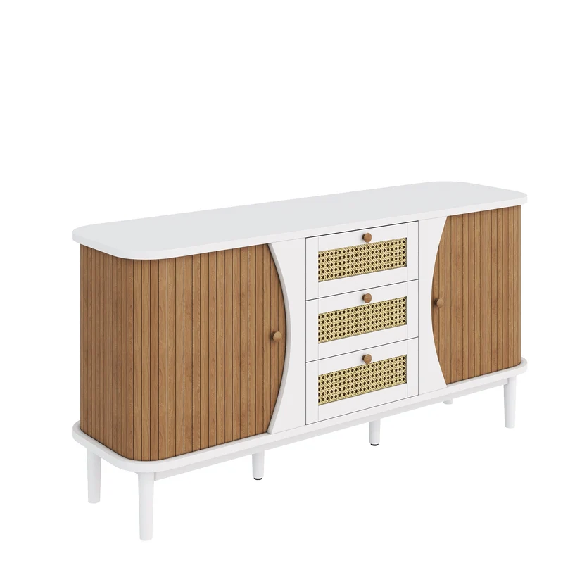 Buffet blanc 3 tiroirs rotin 2 portes coulissantes cannage naturel 140,5x40x76cm VERTEXVALTHYNATH