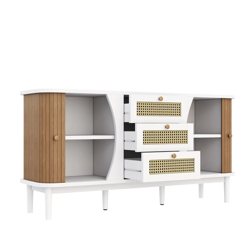 Buffet blanc 3 tiroirs rotin 2 portes coulissantes cannage naturel 140,5x40x76cm VERTEXVALTHYNATH