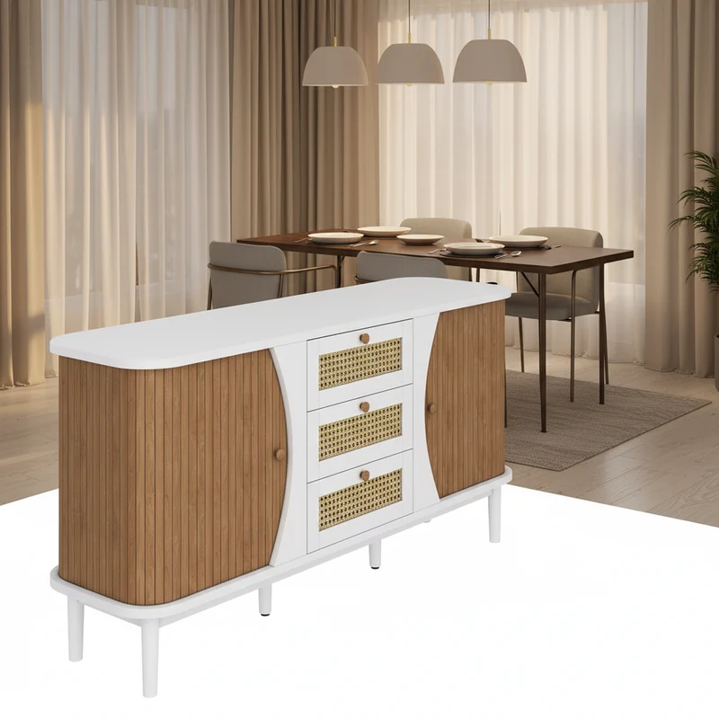 Buffet blanc 3 tiroirs rotin 2 portes coulissantes cannage naturel 140,5x40x76cm VERTEXVALTHYNATH