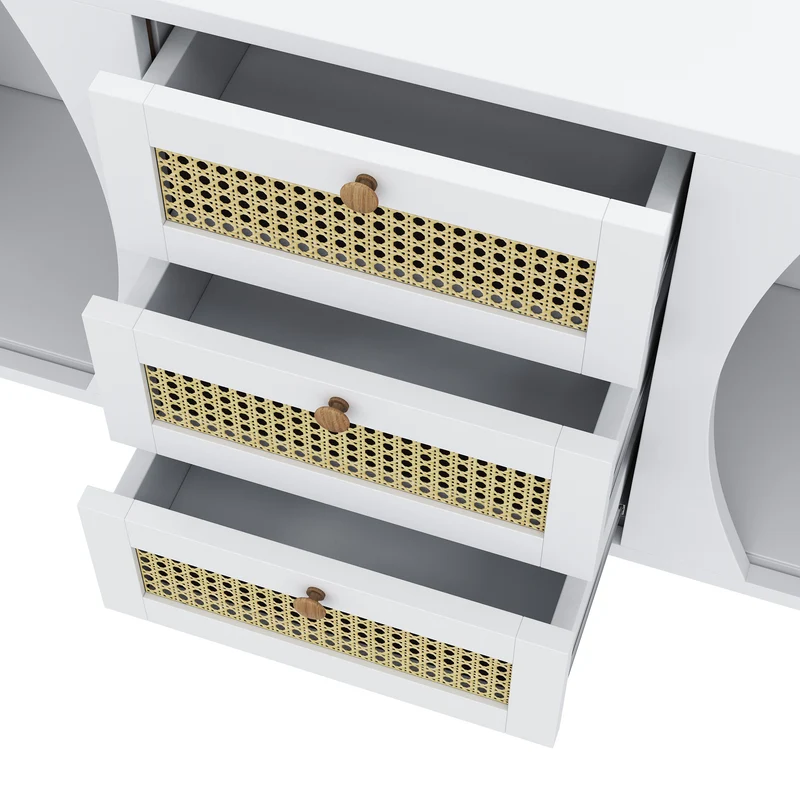 Buffet blanc 3 tiroirs rotin 2 portes coulissantes cannage naturel 140,5x40x76cm VERTEXVALTHYNATH