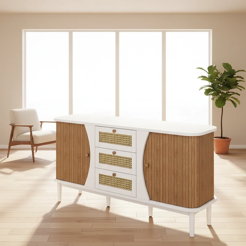 Buffet blanc 3 tiroirs rotin 2 portes coulissantes cannage naturel 140,5x40x76cm VERTEXVALTHYNATH