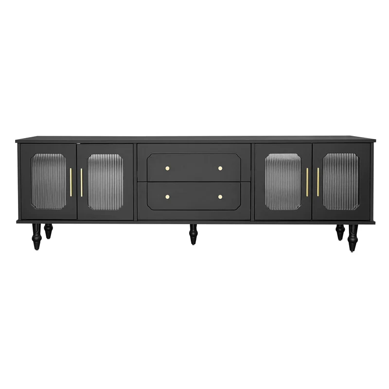 Meuble TV noir rétro 4 portes en verre cannelé poignées dorées 175x38x55,5cm AEGISVYNTH