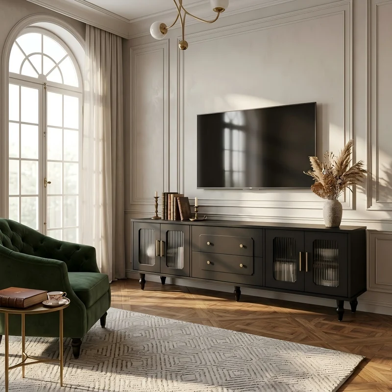 Meuble TV noir rétro 4 portes en verre cannelé poignées dorées 175x38x55,5cm AEGISVYNTH