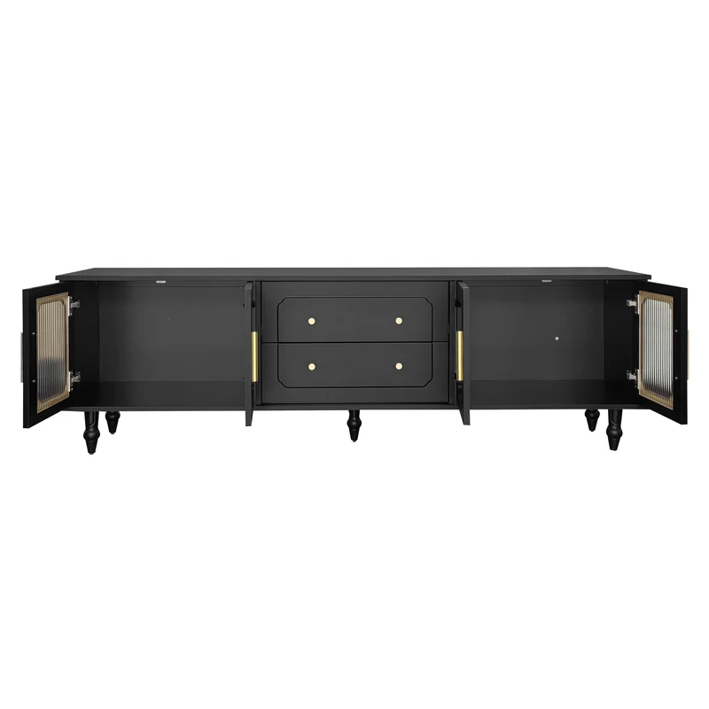 Meuble TV noir rétro 4 portes en verre cannelé poignées dorées 175x38x55,5cm AEGISVYNTH