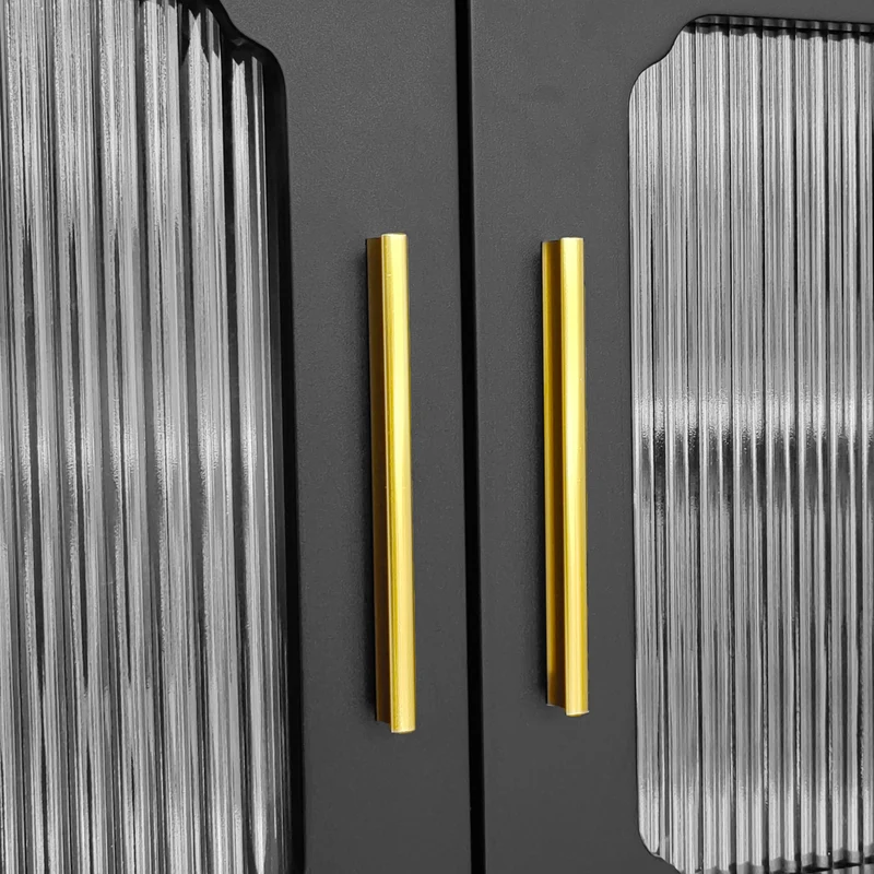 Meuble TV noir rétro 4 portes en verre cannelé poignées dorées 175x38x55,5cm AEGISVYNTH