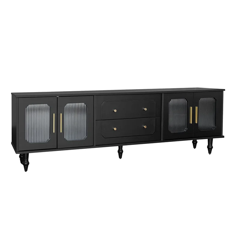 Meuble TV noir rétro 4 portes en verre cannelé poignées dorées 175x38x55,5cm AEGISVYNTH