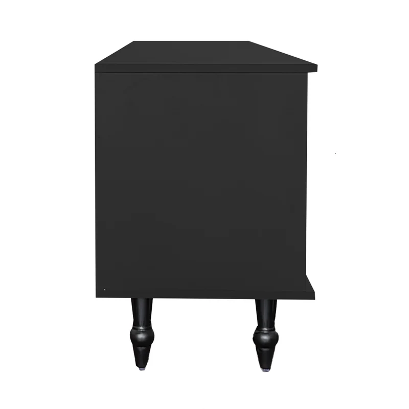 Meuble TV noir rétro 4 portes en verre cannelé poignées dorées 175x38x55,5cm AEGISVYNTH