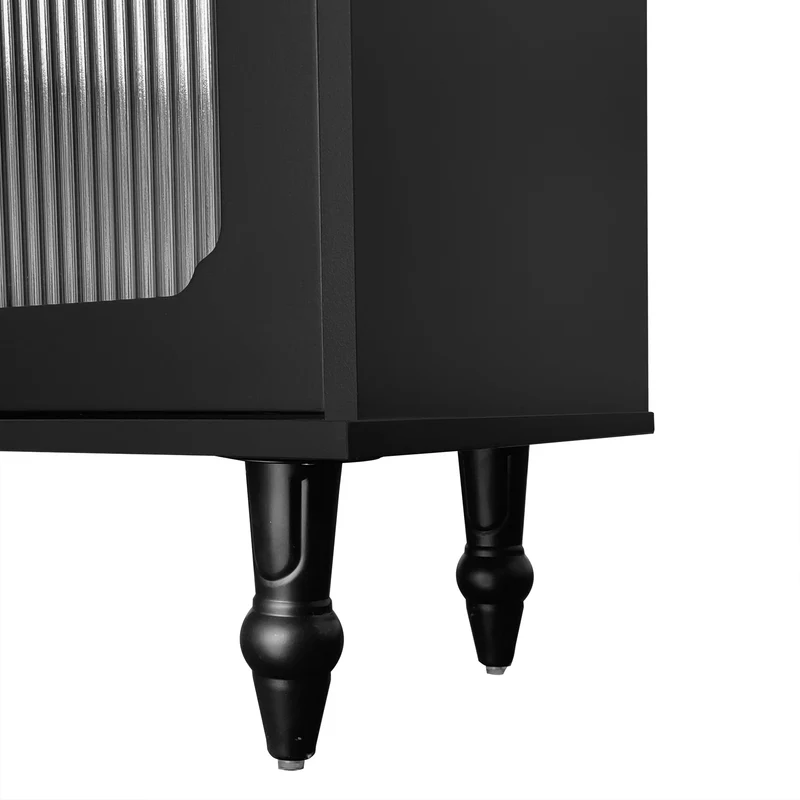Meuble TV noir rétro 4 portes en verre cannelé poignées dorées 175x38x55,5cm AEGISVYNTH