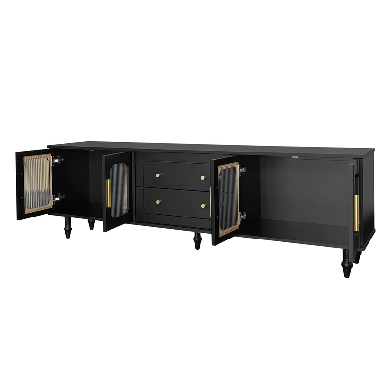 Meuble TV noir rétro 4 portes en verre cannelé poignées dorées 175x38x55,5cm AEGISVYNTH