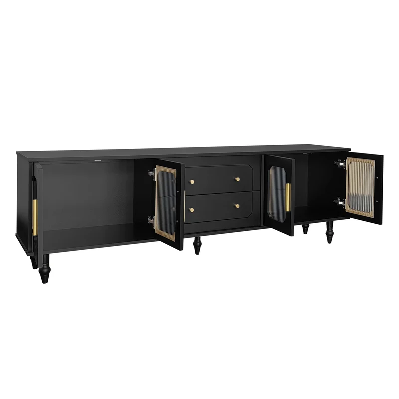 Meuble TV noir rétro 4 portes en verre cannelé poignées dorées 175x38x55,5cm AEGISVYNTH