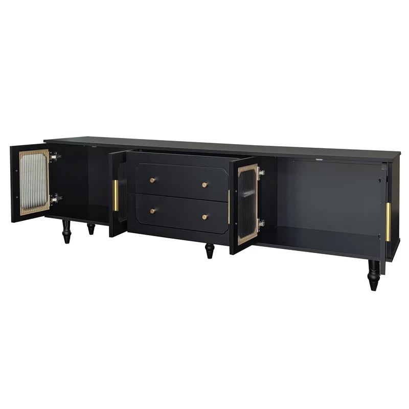 Meuble TV noir rétro 4 portes en verre cannelé poignées dorées 175x38x55,5cm AEGISVYNTH