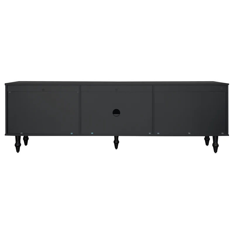 Meuble TV noir rétro 4 portes en verre cannelé poignées dorées 175x38x55,5cm AEGISVYNTH