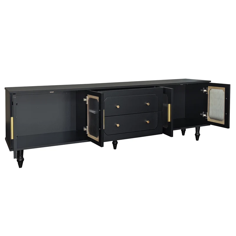 Meuble TV noir rétro 4 portes en verre cannelé poignées dorées 175x38x55,5cm AEGISVYNTH