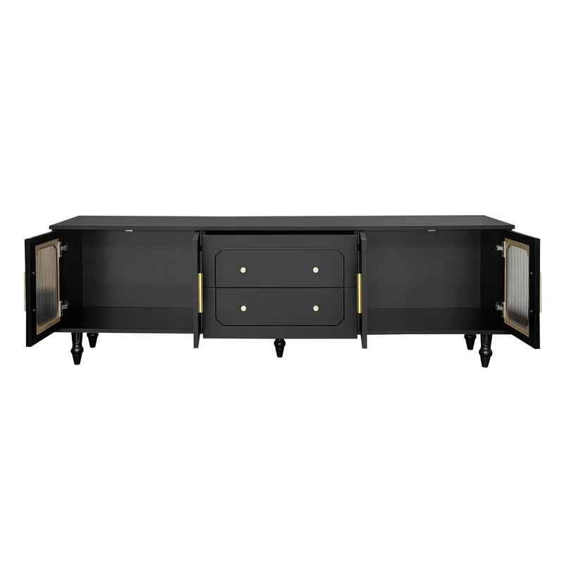 Meuble TV noir rétro 4 portes en verre cannelé poignées dorées 175x38x55,5cm AEGISVYNTH