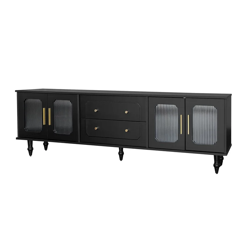 Meuble TV noir rétro 4 portes en verre cannelé poignées dorées 175x38x55,5cm AEGISVYNTH