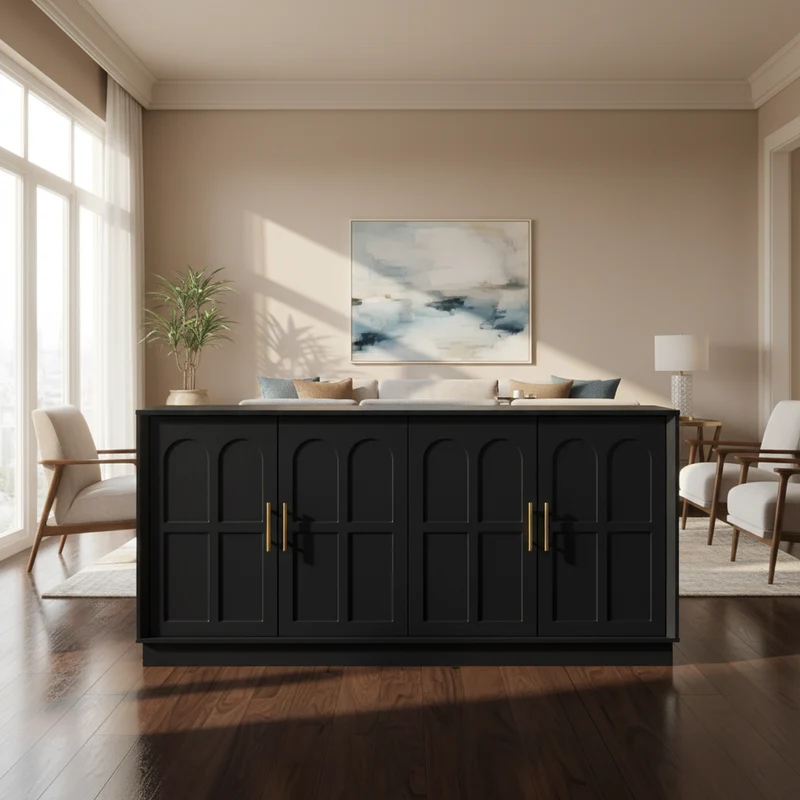 Grand buffet d'apparat noir aux arches sculptées détails dorés XXL VERTEXVORNATHOR
