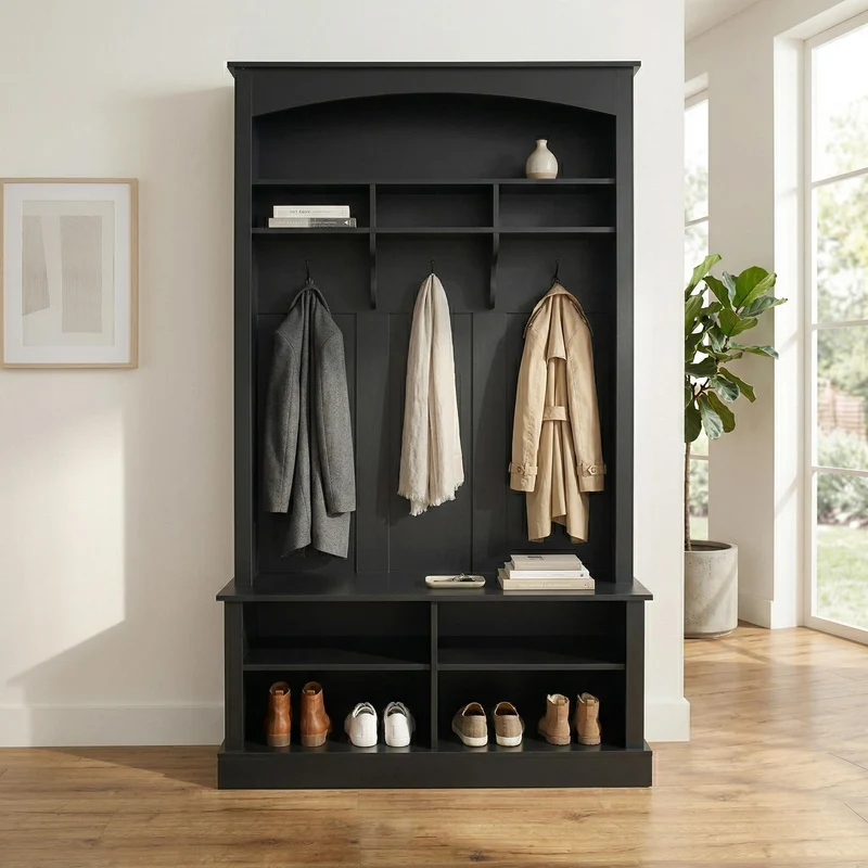 Vestiaire à l'entrée noir avec porte-manteaux étagères et assise 120x40x190 cm VERTEXSYTH