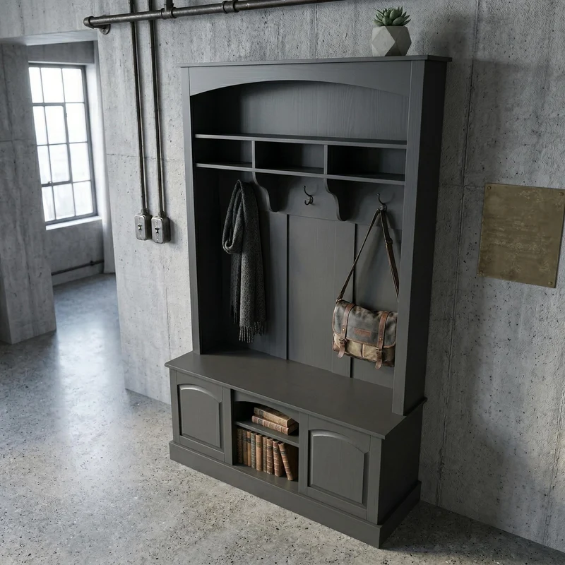 Vestiaire à l'entrée noir avec porte-manteaux étagères et assise 120x40x190 cm VERTEXSYTH